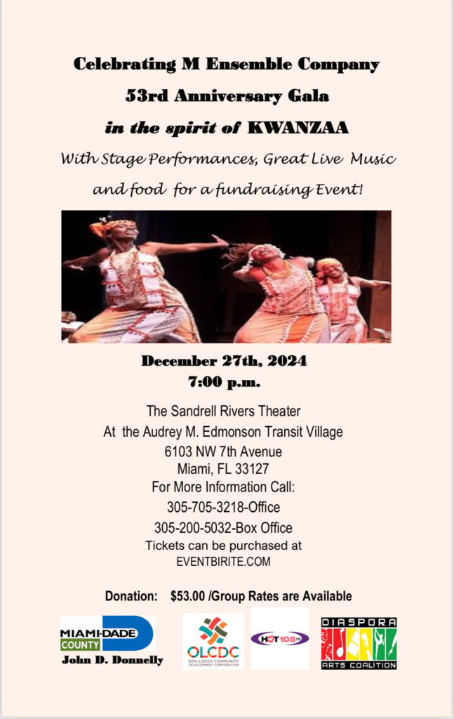 Flyer for M Ensemble Company 53rd Anniversatg Gala in the spirit of Kwanzaa 